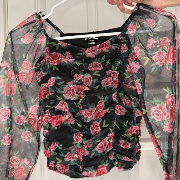 Art Class Girls Black Floral Mesh Ruched Long Sleeve Top Size M 7/8 - Picture 5 of 6